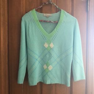 Cashmere V-neck sweater, light blue & green with argyle-type pattern, M